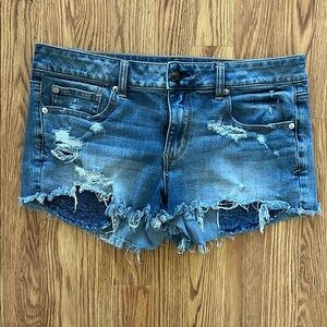 American Eagle Stretch Shortie Shorts Jean Denim Peekaboo Lace Pockets Sz 14